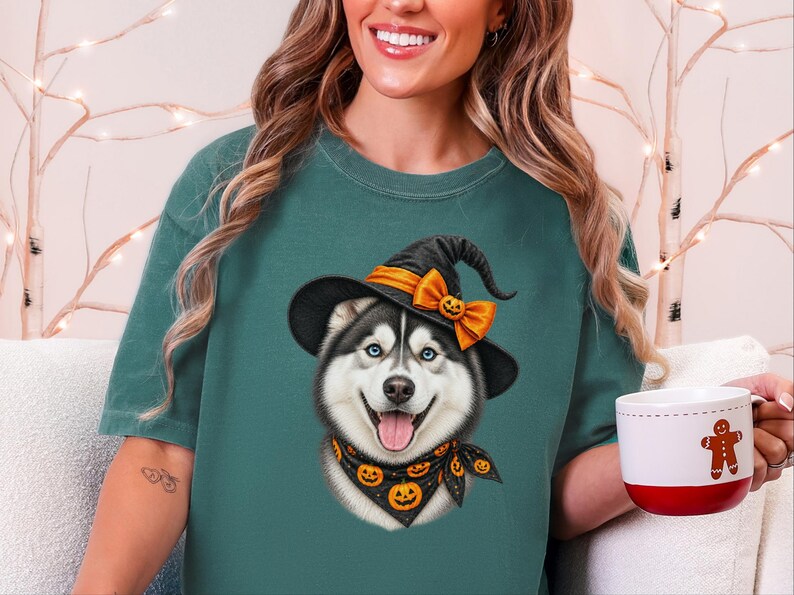 Halloween Husky Shirt, Husky Dog Mom Gift, Spooky Witch Dog Tee, Pet Lover Halloween Shirt image 6