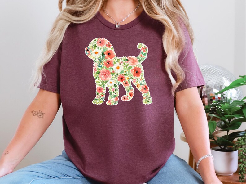 Doodle Dog Gift, Golden Doodle Floral Silhouette Shirt, Modern Pet Portrait Cottagecore Art, Wildflower Dog Mom., Goldendoodle Dog image 2
