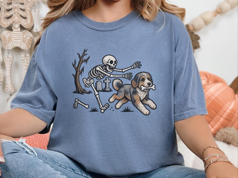 Skeleton Dog Shirt, Aussiedoodle Halloween Shirt, Spooky Dog Tee, Dog Lover Gift, Funny Skeleton Shirt image 1