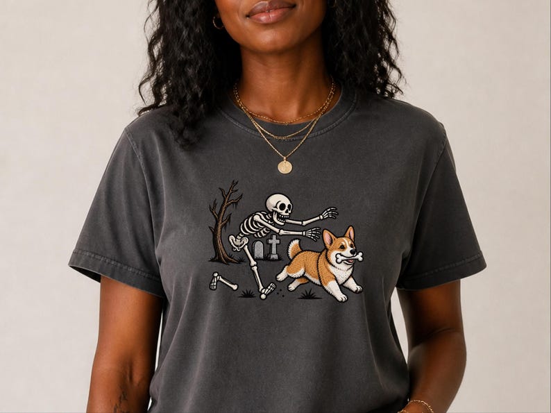 T-shirt met skelethond, Halloween Corgi-shirt, grappig Corgi-cadeau, griezelig T-shirt, Corgi-moedershirt, T-shirt met skelethond afbeelding 7
