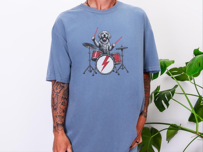 Golden Retriever Drummer Shirt, Drum Set Dog Gift, Rock Dog Tee, Musician Dad Present, Drummer Gift Idea, Rock And Roll Shirt image 5