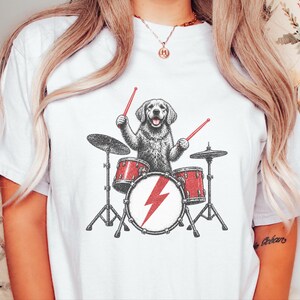 Golden Retriever Drummer Shirt, Drum Set Dog Gift, Rock Dog Tee, Musician Dad Present, Drummer Gift Idea, Rock And Roll Shirt image 6