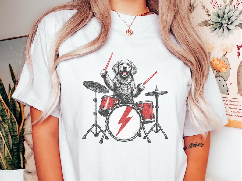 Golden Retriever Drummer Shirt, Drum Set Dog Gift, Rock Dog Tee, Musician Dad Present, Drummer Gift Idea, Rock And Roll Shirt image 6