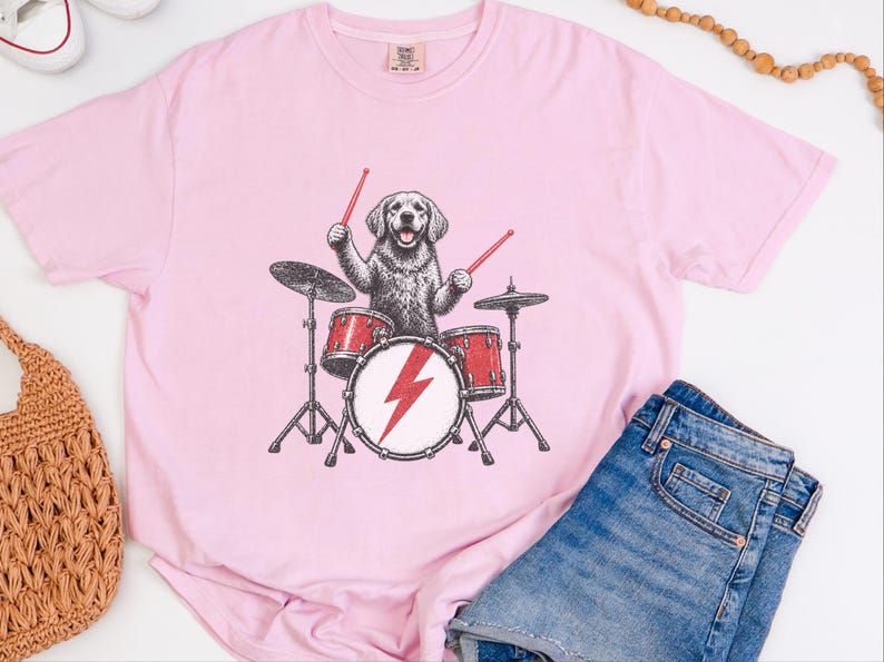 Golden Retriever Drummer Shirt, Drum Set Dog Gift, Rock Dog Tee, Musician Dad Present, Drummer Gift Idea, Rock And Roll Shirt image 8