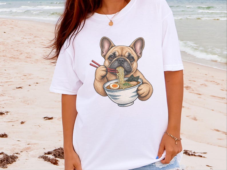 Frenchie Ramen Shirt, Japans Noodle Dog Shirt, Grappig Cadeau voor een Franse Bulldog, Sweatshirt voor Foodieliefhebbers, Top met Ramenkom Grafische Afbeelding afbeelding 9