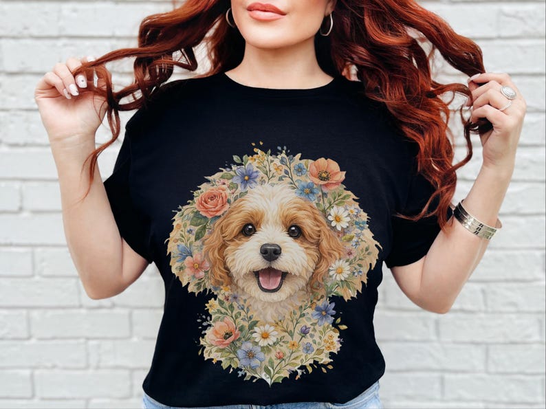 Cavapoo Mom Shirt, Cavapoo Floral Face Tee, Cute Dog Art, Dog Lover Gift for Owners, Poodle Cross Puppy, Floral Dog Design, Cavapoo Dad Gift imagen 2