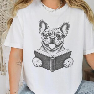 French Bulldog Reading Shirt, Bookish Dog Tee, Frenchie Mom Gift, Dog Lover Book Tee, Vintage French Bulldog Shirt image 3