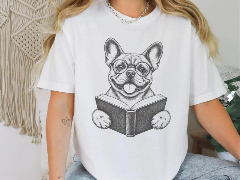 French Bulldog Reading Shirt, Bookish Dog Tee, Frenchie Mom Gift, Dog Lover Book Tee, Vintage French Bulldog Shirt image 3