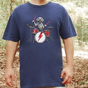 Golden Retriever Drummer Shirt, Drum Set Dog Gift, Rock Dog Tee, Musician Dad Present, Drummer Gift Idea, Rock And Roll Shirt image 1