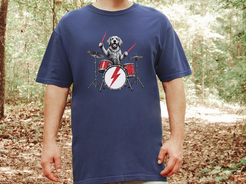 Golden Retriever Drummer Shirt, Drum Set Dog Gift, Rock Dog Tee, Musician Dad Present, Drummer Gift Idea, Rock And Roll Shirt image 1