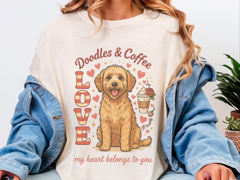 Comfort Colors Goldendoodle Mom T-Shirt, Doodles and Coffee My Heart Belongs To You Tee, Retro Labradoodle Dog Owner Shirt, Doodle Dog Gift image 1