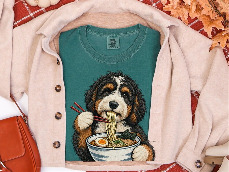 Bernedoodle Ramen T-shirt, cadeau voor ramenliefhebbers, cadeau voor Bernedoodle hondenmoeder, T-shirt met Japans eten, grappig T-shirt met hondenprint afbeelding 7