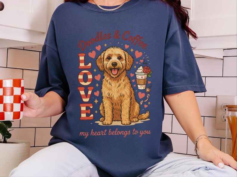 Comfort Colors Goldendoodle Mom T-Shirt, Doodles and Coffee My Heart Belongs To You Tee, Retro Labradoodle Dog Owner Shirt, Doodle Dog Gift image 8