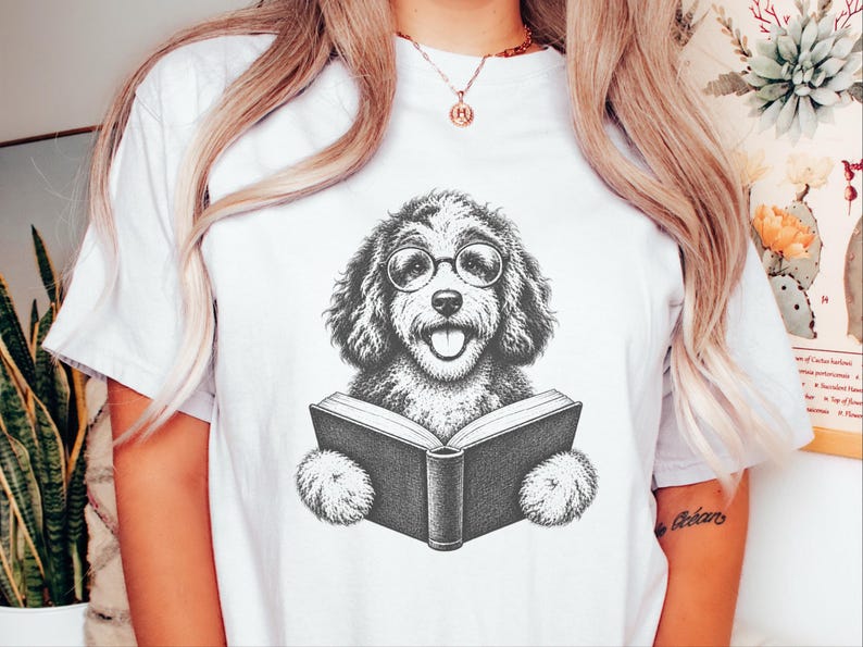 Maglietta per cani amanti dei libri, maglietta per amanti dei cani e dei libri, regalo per la mamma di un Aussiedoodle, maglietta per Aussiedoodle che legge, regalo per topi di biblioteca immagine 6