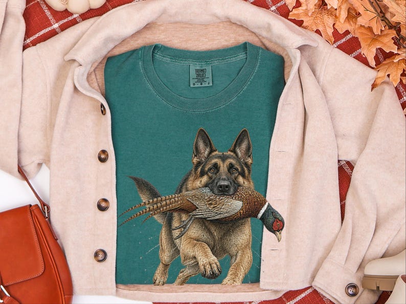 T-shirt met Duitse Herder, cadeau voor fazantenjacht, T-shirt met natuurafbeeldingen, T-shirt voor hondenliefhebbers, cadeau-idee voor jagers, cadeau voor een Duitse Herder afbeelding 9