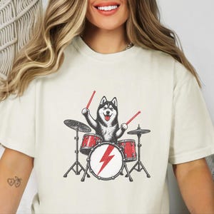 Husky Dog Shirt, Drummer Gift Idea, Rock Dog Shirt, Siberian Husky Gift, Music Lover Tee image 9