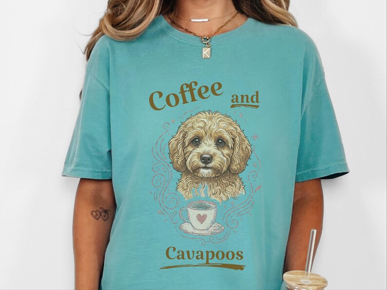 Comfort Colors Cavapoo Mom Shirt, Coffee And Cavapoos Tee, Dog Owner Gift, Pet Parent Present, Block Print Style Apparel, Cavapoo Owner Gift image 7
