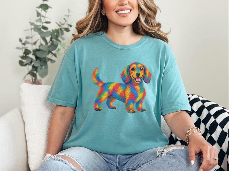 Dachshund Shirt, Rainbow Dog Gift, Colorful Wiener Dog Tee, Doxie Lover Graphic, Sausage Dog Art Shirt, Puppy Owner Present image 6