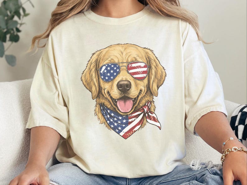 Comfort Colors Patriotic Golden Retriever Shirt, American Flag USA Independence Day Tee, Fourth of July Dog Mom Clothing, Patriotic Dog Gift image 1