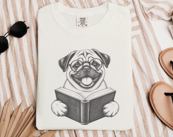 T-shirt Carlin, Cadeau pour amoureux des carlins, T-shirt pour maman carlin, T-shirt chien lecteur, T-shirt bibliothécaire