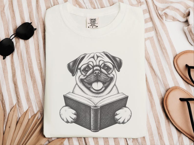 Pug Shirt, Reading Pug Dog Lover Gift, Pug Mom Shirt, Bookish Dog Tee, Librarian Shirt image 1