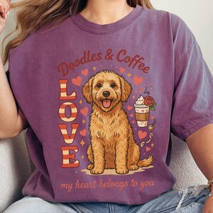 Comfort Colors Goldendoodle Mom T-Shirt, Doodles and Coffee My Heart Belongs To You Tee, Retro Labradoodle Dog Owner Shirt, Doodle Dog Gift image 4
