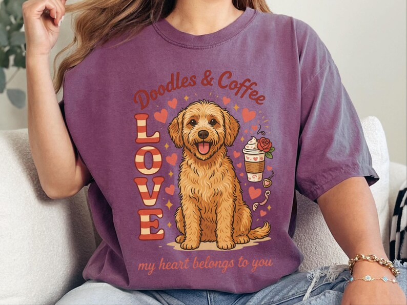 Comfort Colors Goldendoodle Mom T-Shirt, Doodles and Coffee My Heart Belongs To You Tee, Retro Labradoodle Dog Owner Shirt, Doodle Dog Gift image 4