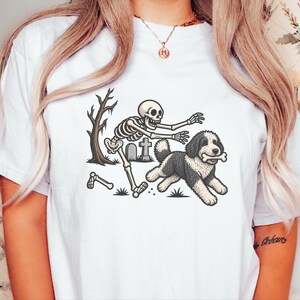 Sheepadoodle Skeleton Shirt, Spooky Dog Gift, Skeleton Dog Tee, Sheepadoodle Halloween Shirt, Funny Skeleton Dog Scene image 5