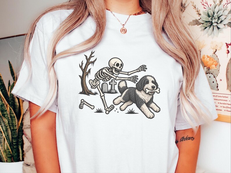 Sheepadoodle Skeleton Shirt, Spooky Dog Gift, Skeleton Dog Tee, Sheepadoodle Halloween Shirt, Funny Skeleton Dog Scene image 5