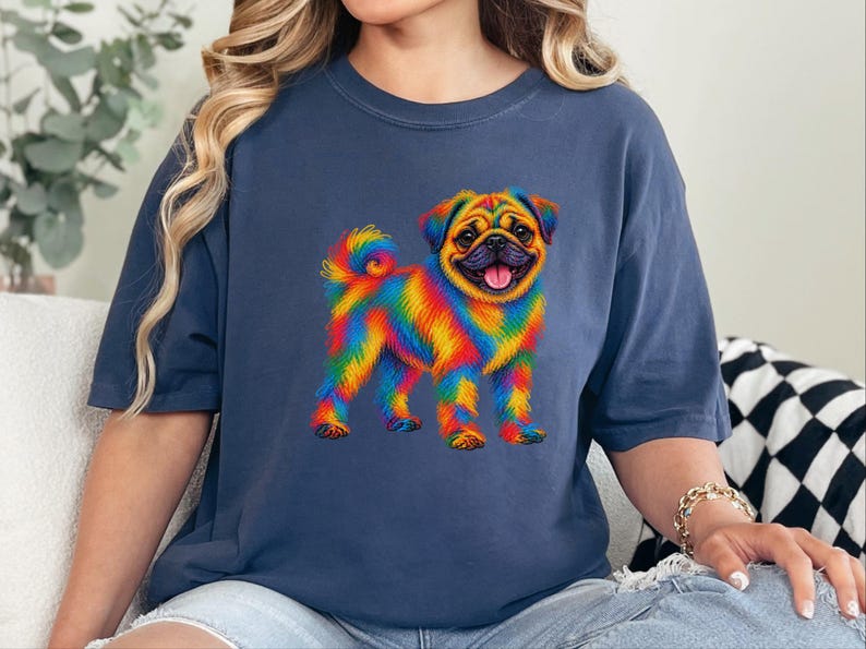 T-shirt pour amoureux des carlins, cadeau avec illustration colorée de chien, t-shirt chiot arc-en-ciel, cadeau pour propriétaire de carlin, t-shirt chien mignon, illustration vibrante d'animaux de compagnie image 4