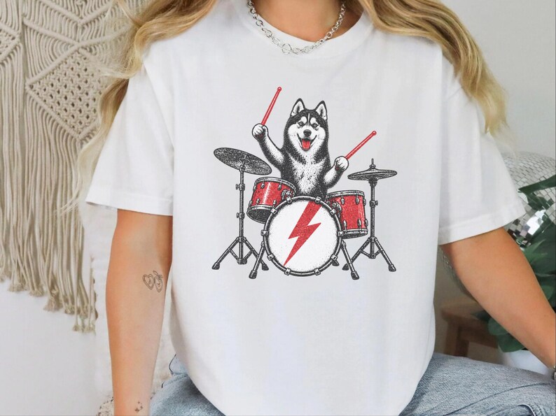 Husky Dog Shirt, Drummer Gift Idea, Rock Dog Shirt, Siberian Husky Gift, Music Lover Tee image 8