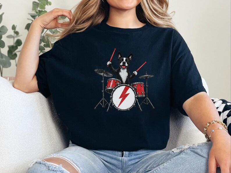 Boston Terrier Shirt, Drummer Gift Idea, Rock Dog Tee, Music Lover Present, Boston Terrier Art, Funny Dog Shirt image 9