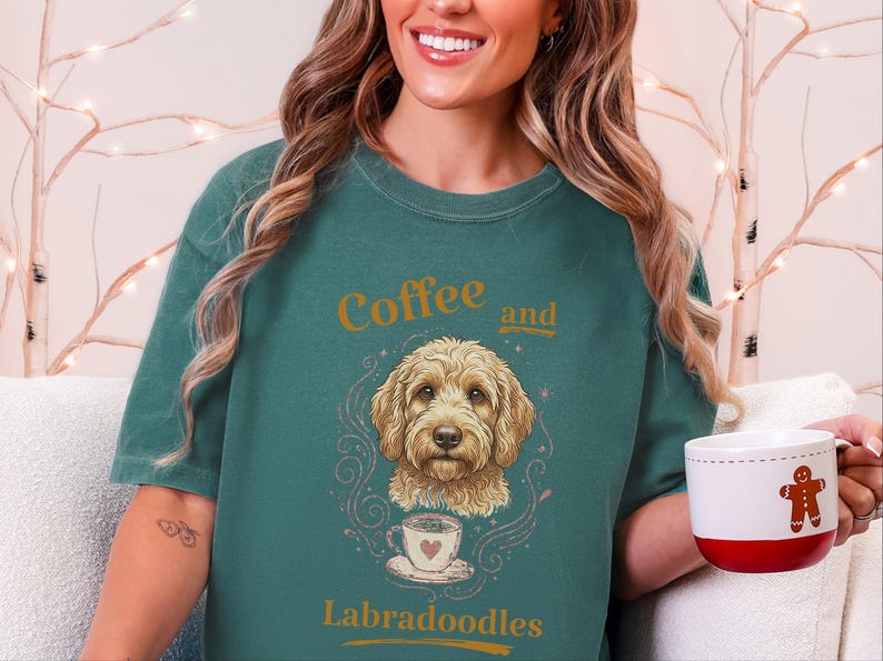Comfort Colors Labradoodle Shirt Coffee And Labradoodles, Golden Doodle Dog Art Print, Doodle Mom Dad Sweatshirt, Whimsical Pet Art image 1