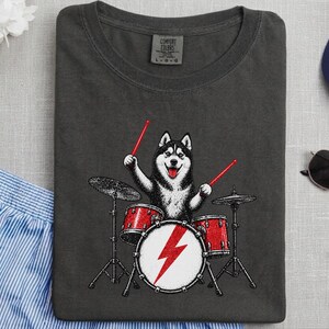 Husky Dog Shirt, Drummer Gift Idea, Rock Dog Shirt, Siberian Husky Gift, Music Lover Tee image 3