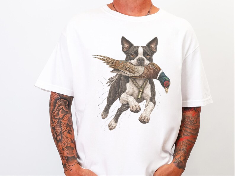 Boston Terrier Shirt, Pheasant Hunting Gift, Bird Hunter Tee, Outdoorsman Gift, Hunting Dog Shirt image 3