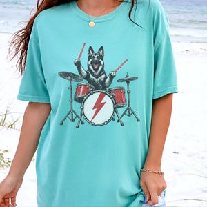 German Shepherd Rock Drummer Shirt, Heavy Metal Dog Lover Gift, Rock Music Fan Tee, Drum Kit Player Present, Band Member Shirt image 2