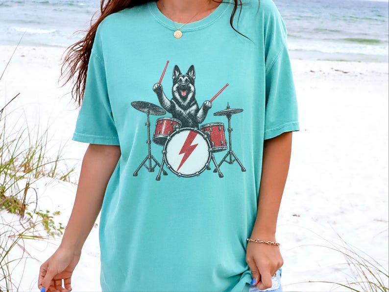 German Shepherd Rock Drummer Shirt, Heavy Metal Dog Lover Gift, Rock Music Fan Tee, Drum Kit Player Present, Band Member Shirt image 2