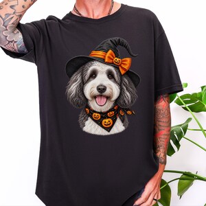 Halloween Dog Shirt, Sheepadoodle Gift, Witch Dog Shirt, Sheepadoodle Mom, Spooky Dog Tee, Doodle Mom Gift image 2
