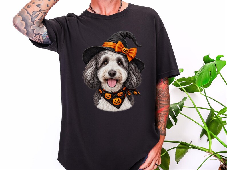 Halloween Dog Shirt, Sheepadoodle Gift, Witch Dog Shirt, Sheepadoodle Mom, Spooky Dog Tee, Doodle Mom Gift image 2