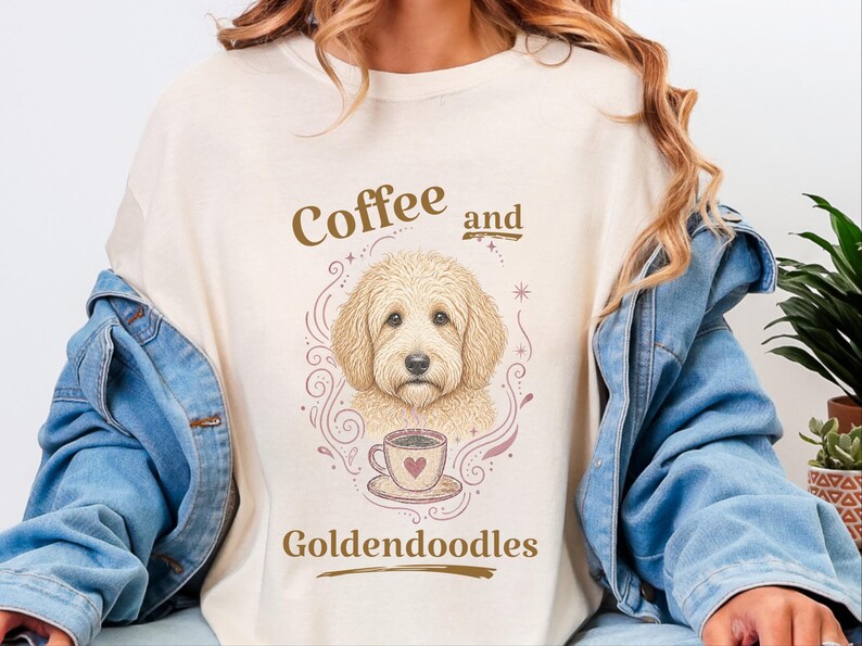 Comfort Colors Coffee Dog Shirt, Goldendoodle Art Tee, Coffee And Goldendoodles Print, Dog Mama Coffee Lover, Whimsical Pet Graphic Tee image 6