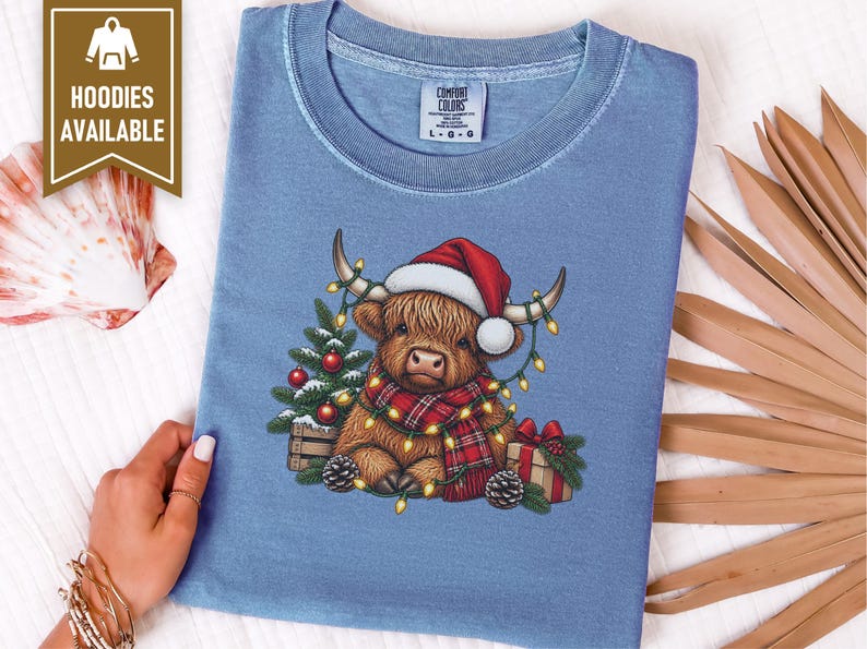 Highland Cow Christmas Shirt, Festive Highland Cow Gift, Christmas Lights Crewneck, Holiday Animal Sweater image 7