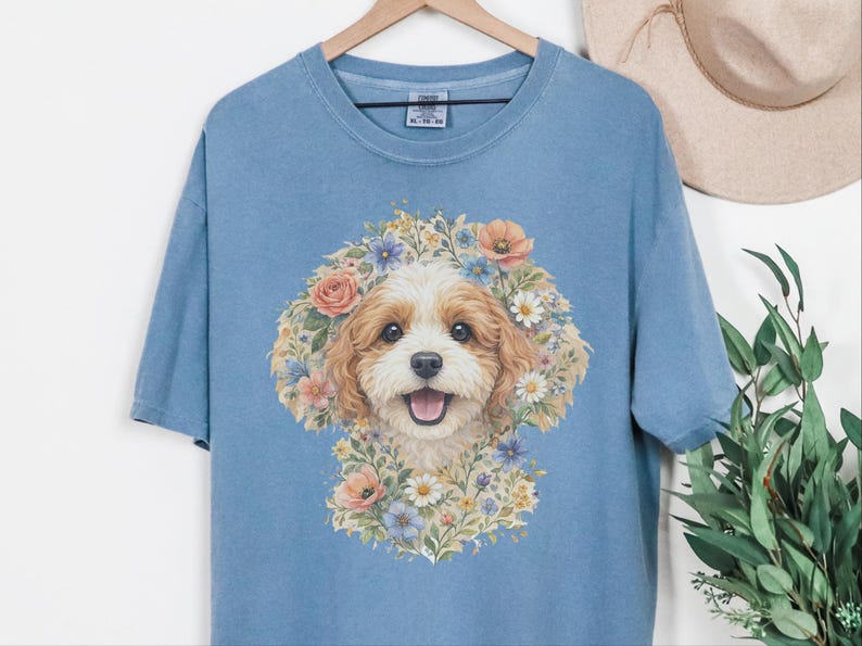Camiseta Comfort Colors com estampa floral para cachorro, estampa de rosto de Cavapoo | Retrato moderno de pet para mães de cachorro | Arte vintage de animais, presente para donos, camiseta com estampa de rosto de pet imagem 9