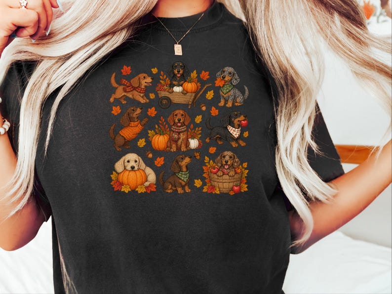 Fall Dachshund Shirt, Autumn Dog Lover Gift, Doxie Mom Tee, Cute Wiener Dog Shirt, Pumpkin Pet Lover Top imagen 4