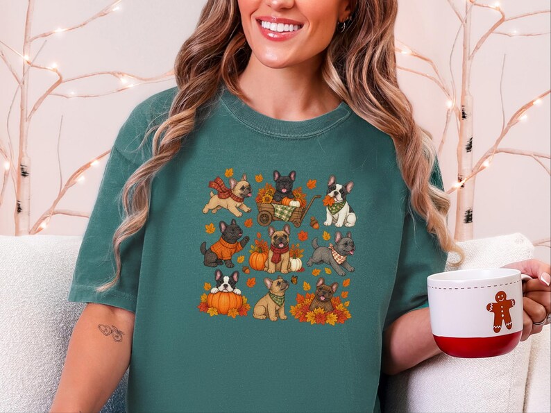 French Bulldog Fall Shirt, Frenchie Mom Gift, Autumn Dog Lover Tee, Pumpkin Season Sweater, Cute Puppy Graphic Top image 2