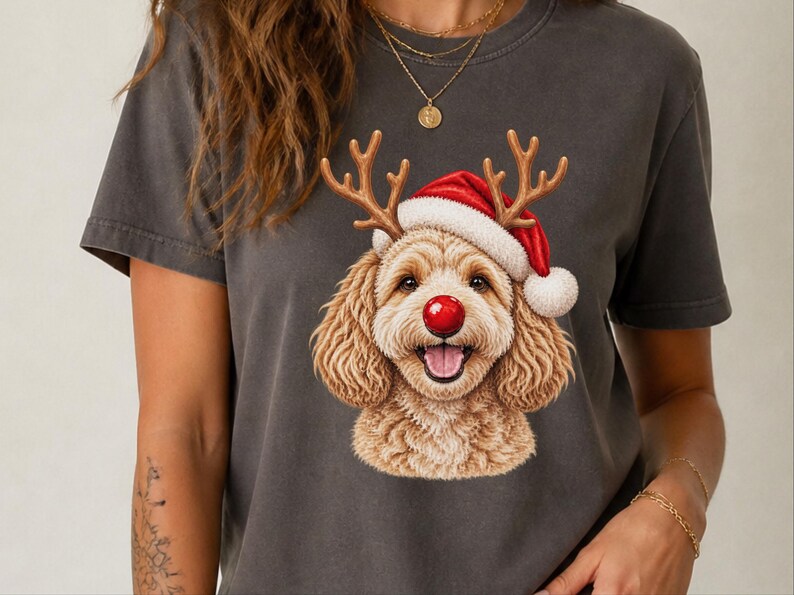 Camiseta de Natal com Maltipoo, Presente para Cachorro com Gorro de Papai Noel, Moletom de Natal para Pet, Camiseta com Filhote de Rena, Roupa de Natal para Amantes de Cães imagem 2