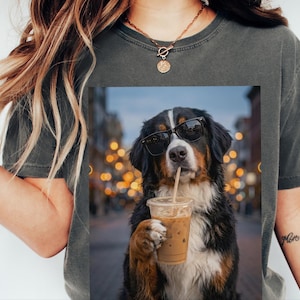 Comfort Colors Bernese Mountain Dog Iced Coffee Shirt, Cool Dog Drinking Coffee Tee, Berner Mom Dad Gifts, Summer Vacation Dog Lover Graphic image 2