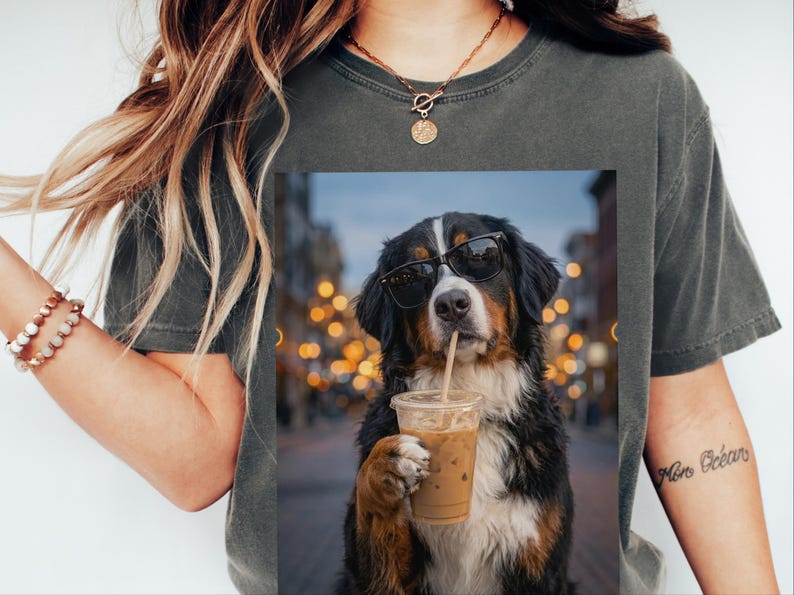 Comfort Colors Bernese Mountain Dog Iced Coffee Shirt, Cool Dog Drinking Coffee Tee, Berner Mom Dad Gifts, Summer Vacation Dog Lover Graphic image 2