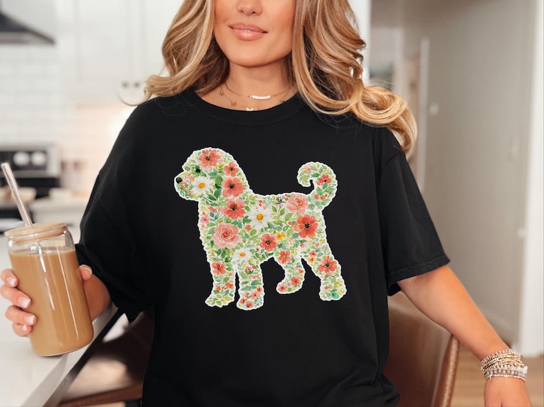Comfort Colors Schnoodle Lover Schnoodle Floral Silhouette T-Shirt, Summer Flowers Dog Tee, Pet Owner Present, Summer Flowers Shirt image 1