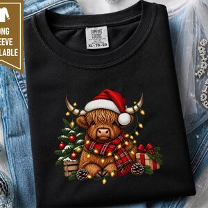 Highland Cow Christmas Shirt, Festive Highland Cow Gift, Christmas Lights Crewneck, Holiday Animal Sweater image 4