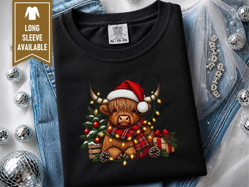 Highland Cow Christmas Shirt, Festive Highland Cow Gift, Christmas Lights Crewneck, Holiday Animal Sweater image 4